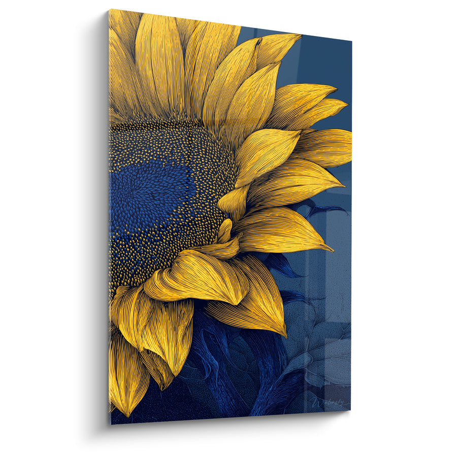 Tableau Tournesol jaune et bleu marine à cœur pointillé finement gravé - Pétales entrelacés en spirale - Edition Tournesol