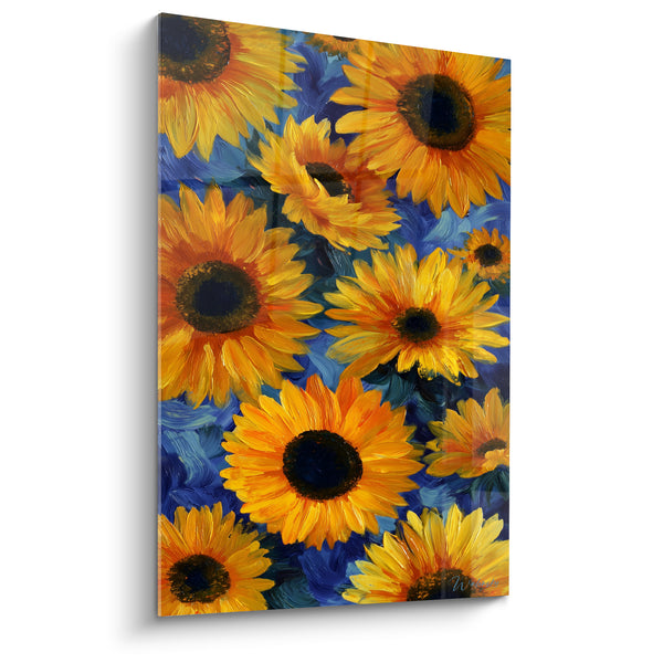 Tableau Multitude de tournesols orange et bleu profond entrelacés - Mosaïque florale dense - Edition Tournesol