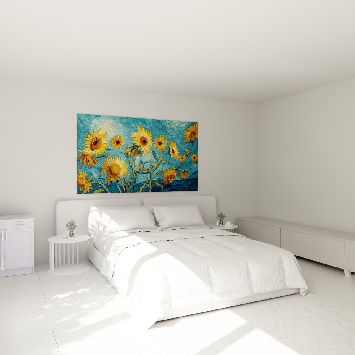 Fleurs de tournesol dorées et fond bleu nuit tourbillonnant au-dessus d'un lit dans une chambre claire