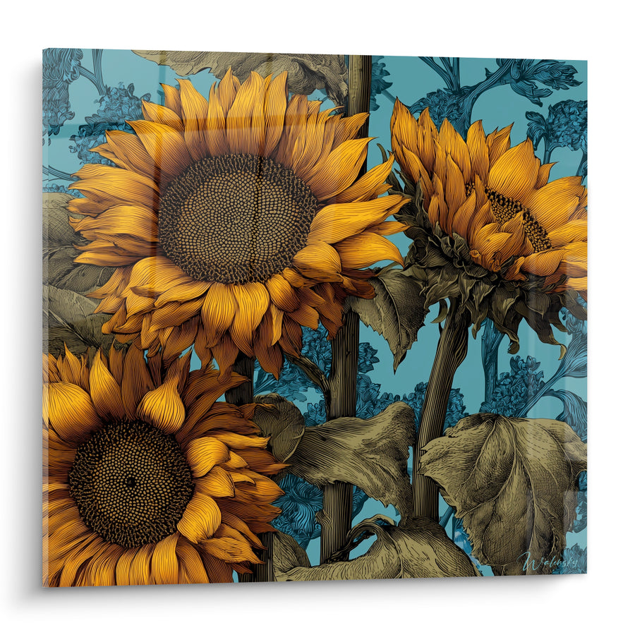 Tableau Tournesols dorés sur fond bleu gravé - Abondance solaire - Edition Tournesol