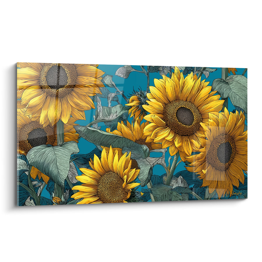 Tableau Tournesols jaunes et bleu canard illustrés au trait - Feuilles argentées gravées - Edition Tournesol