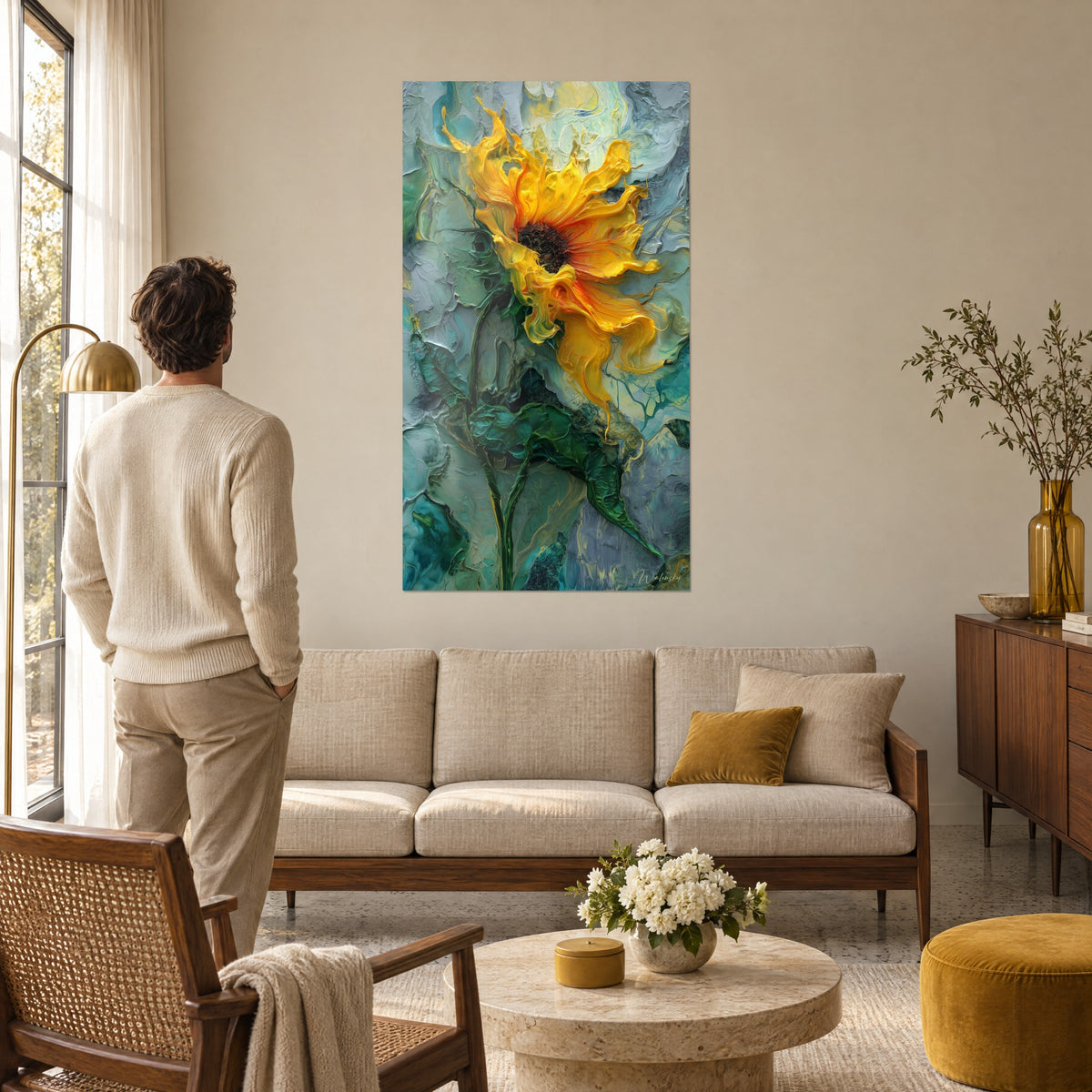 Tableau fleur de soleil aux pétales jaune safran en volutes, cœur brun, fond vert-de-gris, au-dessus d'un canapé dans un salon lumineux