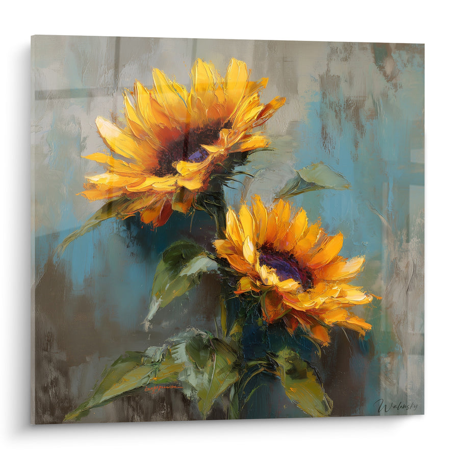 Tableau Tournesols orange et gris aux cœurs violacés - Duo penché en lumière - Edition Tournesol