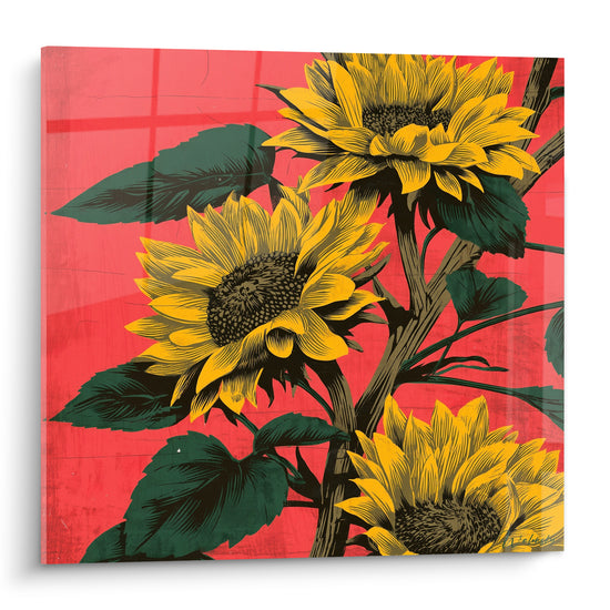 Tournesols jaune doré aux cœurs bruns détaillés se détachent sur un fond corail intense et graphique