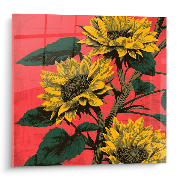 Dipinto Girasoli gialli e rossi con gambo spesso - Sfondo corallo vivace - Edizione Girasole