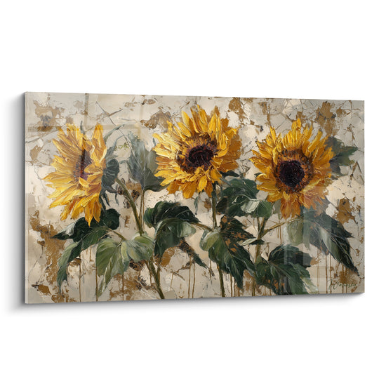 Trois tournesols jaunes et verts peints en relief sur fond doré craquelé, cœurs bruns profonds