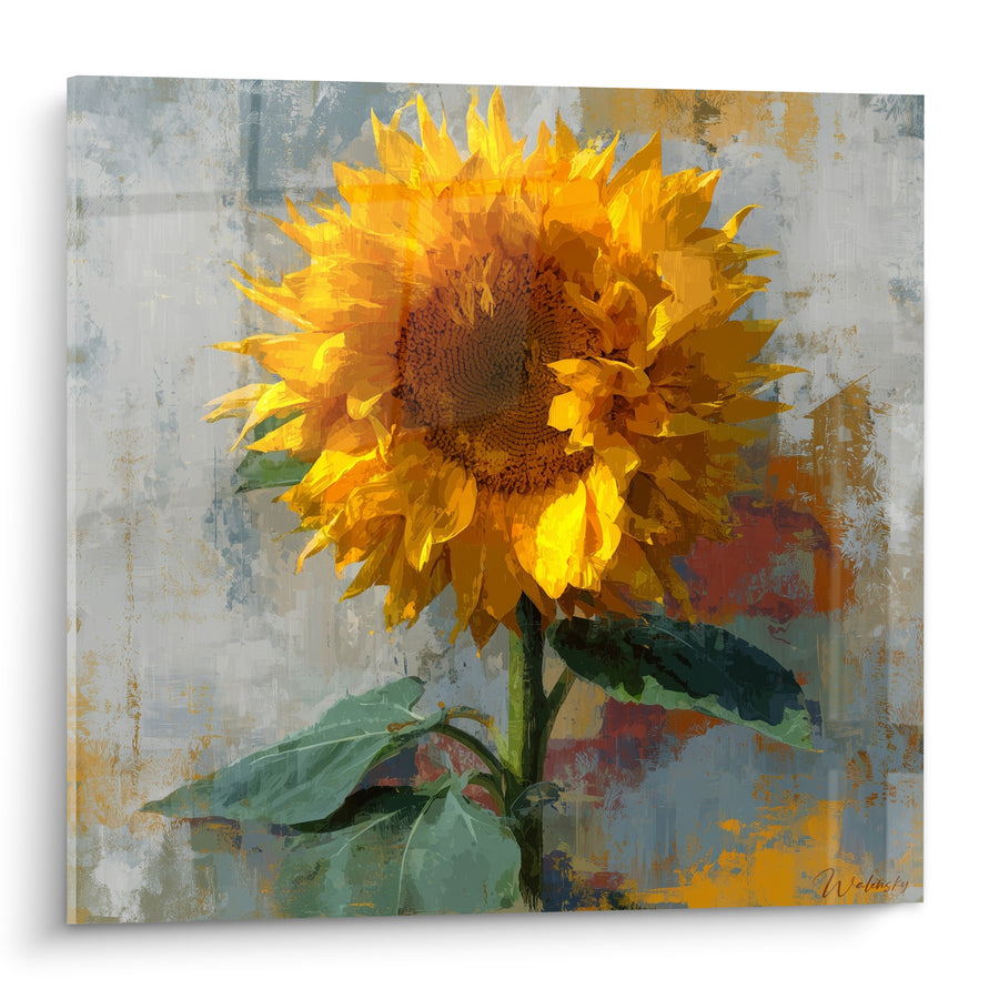 Tableau Tournesol jaune et gris sur mur patiné - Grandes feuilles vertes - Edition Tournesol