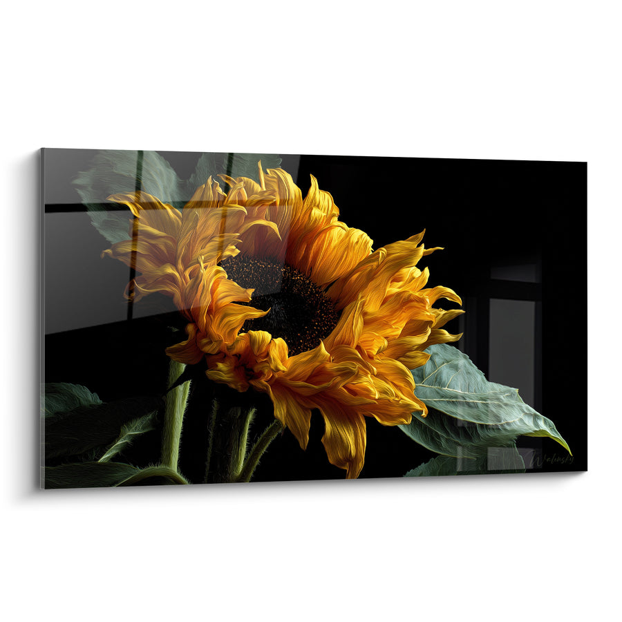 Tableau Tournesol orange et noir aux pétales ondulés - Feuilles veinées argentées - Edition Tournesol