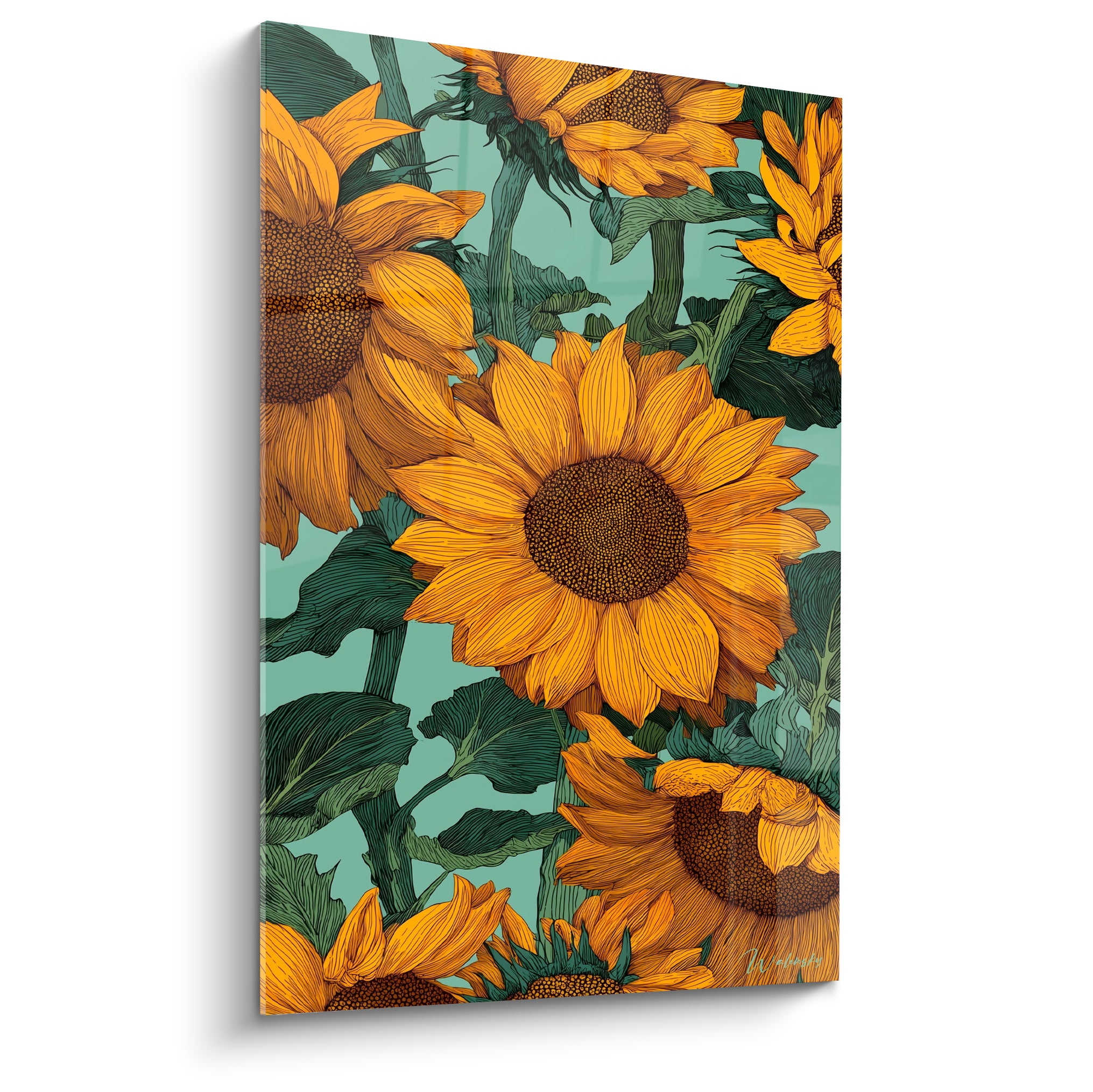 Tournesols dorés aux pétales détaillés et cœurs bruns granuleux sur fond turquoise vibrant