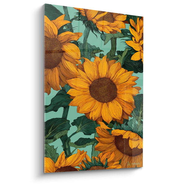 Tableau Tournesols orange et vert menthe en grappe serrée - Illustration au trait fin - Edition Tournesol