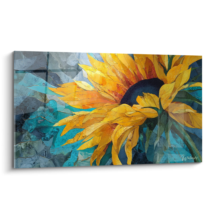 Tableau Tournesol doré aux pétales texturés fond turquoise - Éclosion solaire - Edition Tournesol