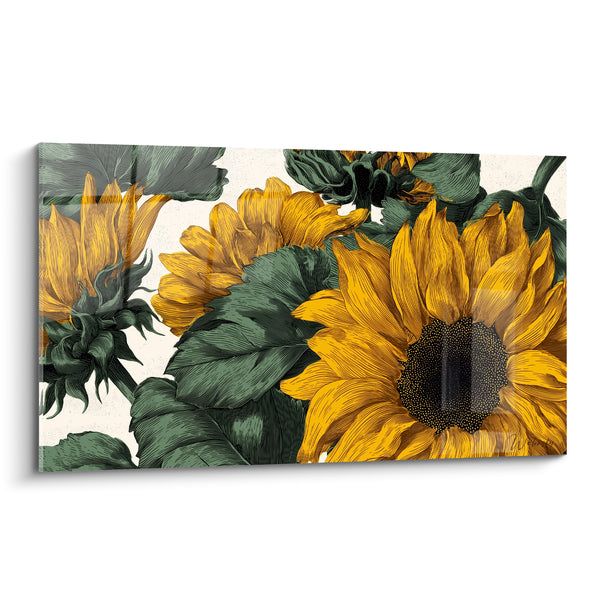 Tableau Tournesols ocre et vert forêt gravés au trait - Cœur noir moucheté - Edition Tournesol