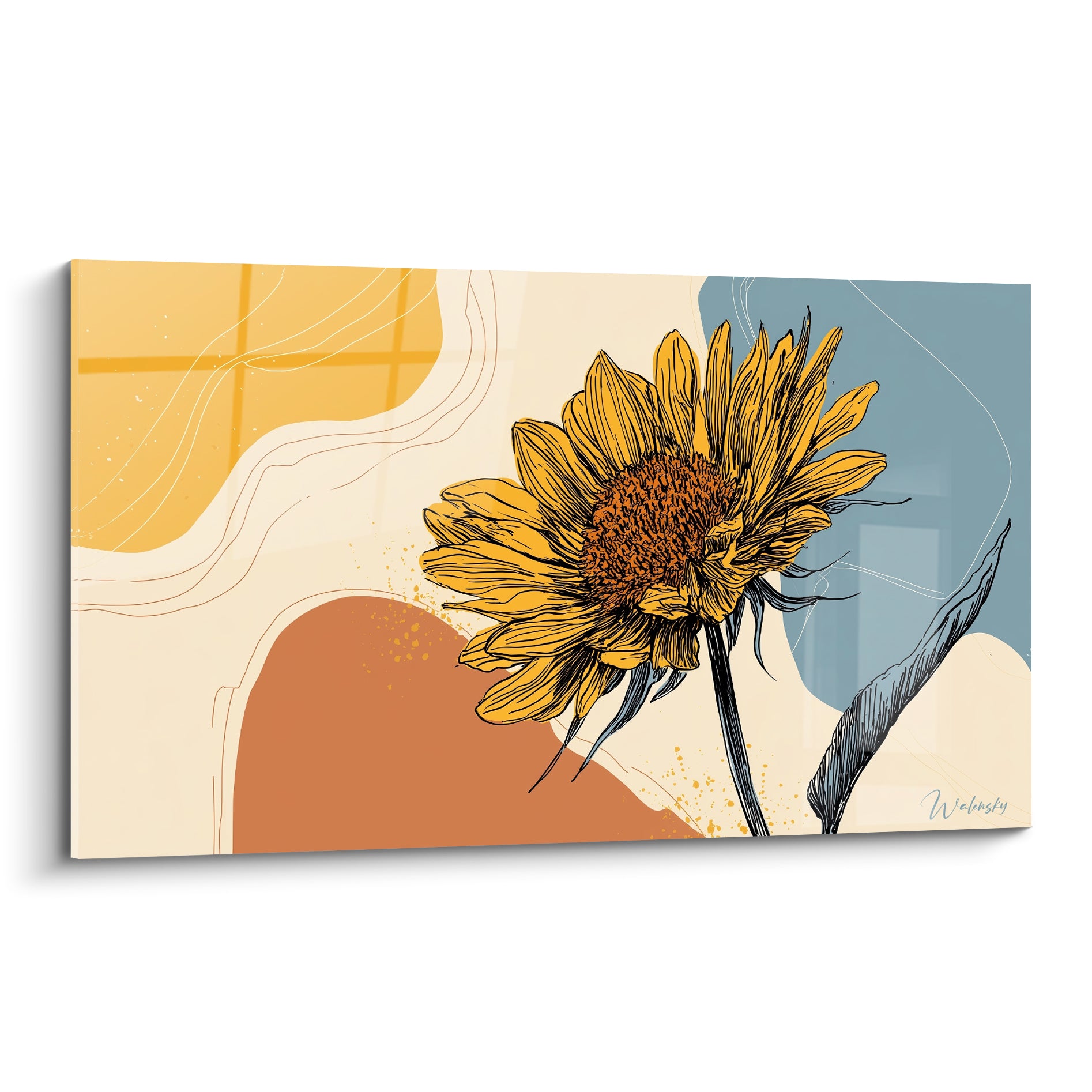 Tournesol dessiné au trait noir, pétales jaune doré et fond ocre bleu pastel graphique
