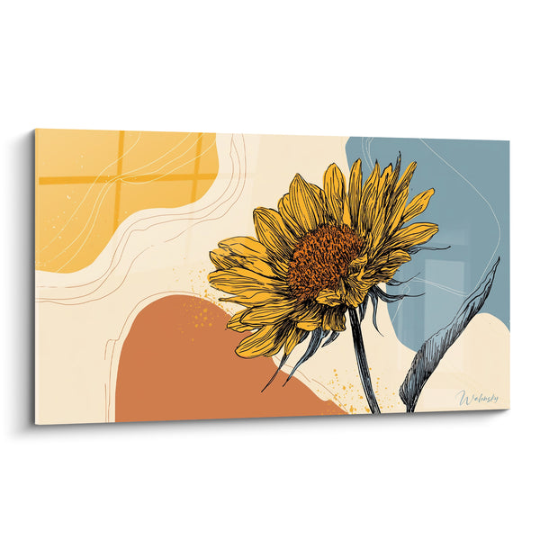 Tableau Tournesol jaune et bleu au fond patchwork ocre - Formes ondulées éclaboussées - Edition Tournesol