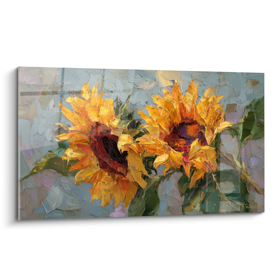 Tableau Tournesols orange et gris cœurs bordeaux - Empâtement au couteau - Edition Tournesol