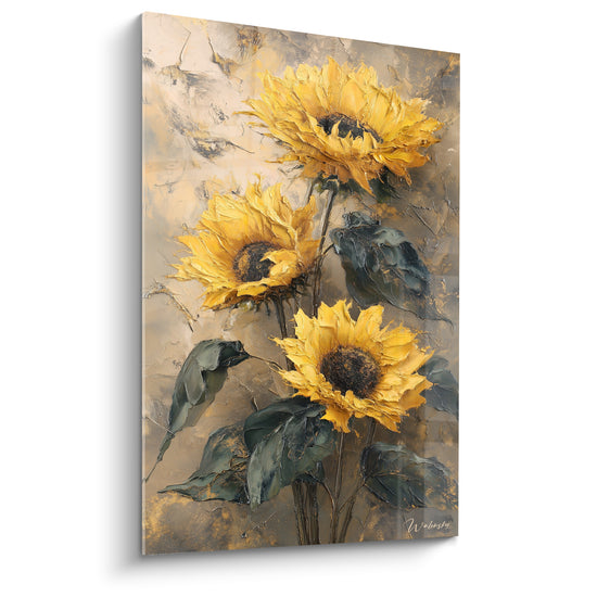 Tableau Tournesols jaunes et gris trio empâté au couteau - Fond craquelé doré - Edition Tournesol