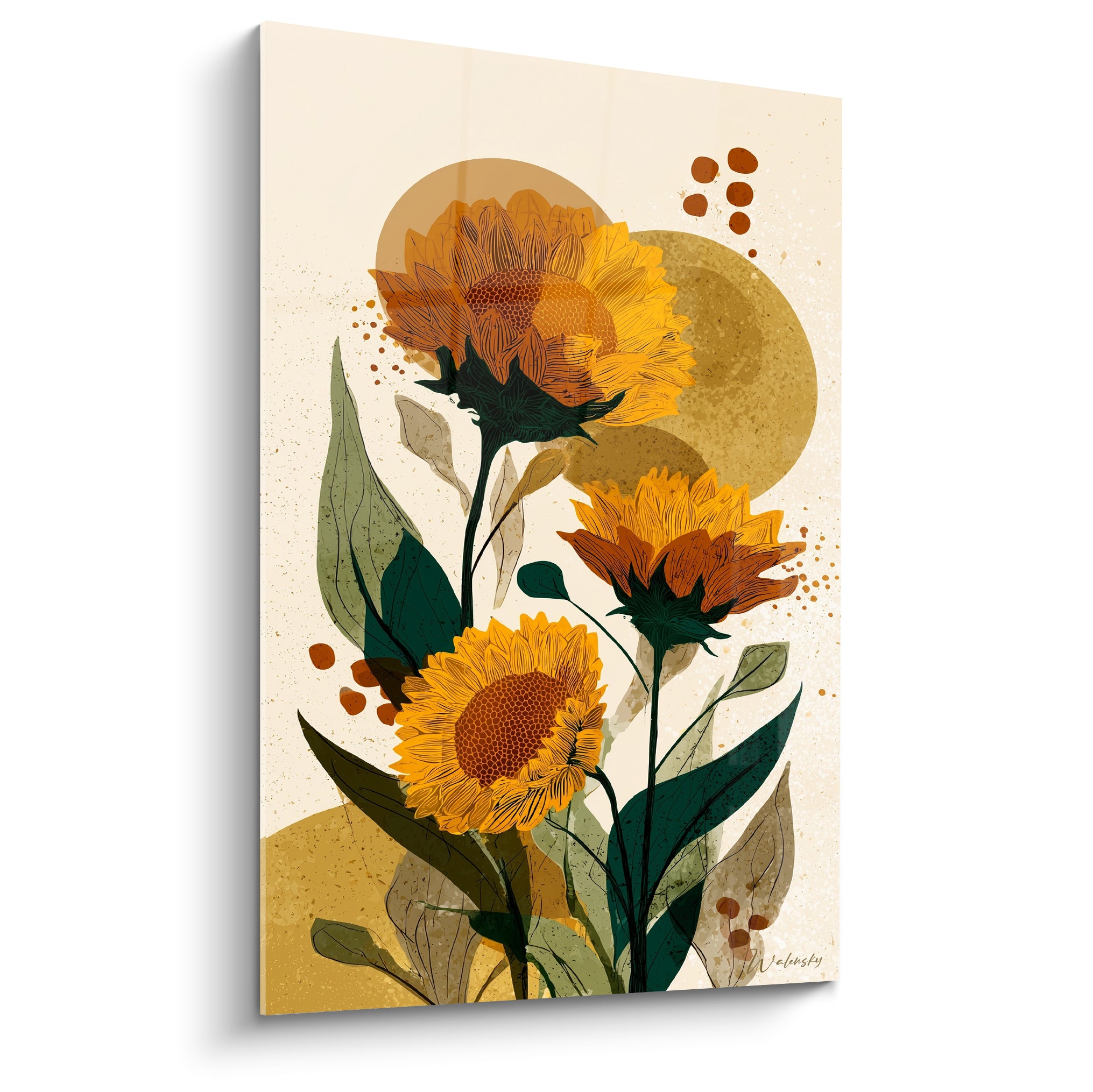 Tournesol doré et terracotta aux feuilles émeraude, illustration botanique sur fond ivoire moucheté