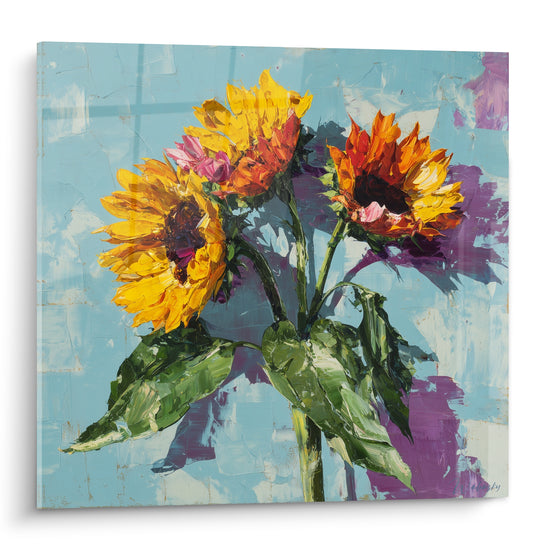 Tournesols dorés et orangés peints au couteau sur fond bleu turquoise et violet contrasté