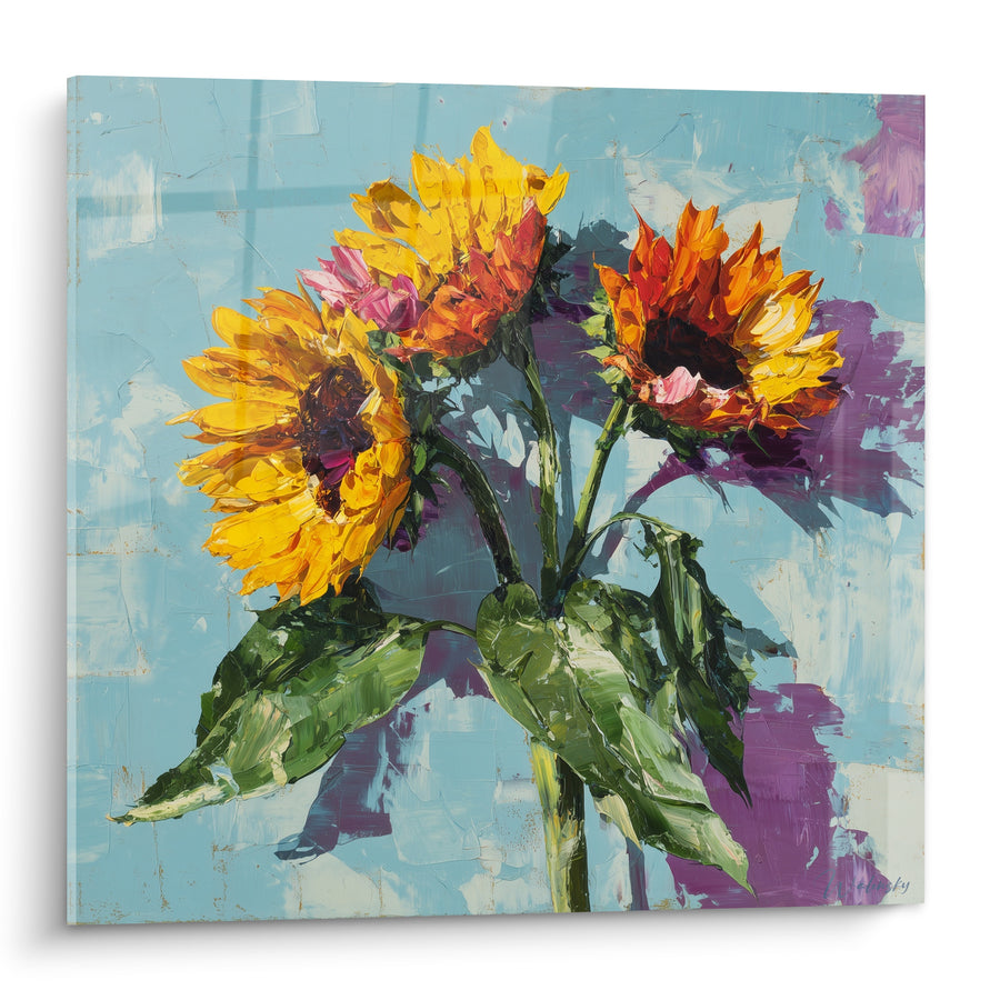 Tableau Bouquet jaune et bleu aux ombres violacées - Trio de fleurs empâtées - Edition Tournesol
