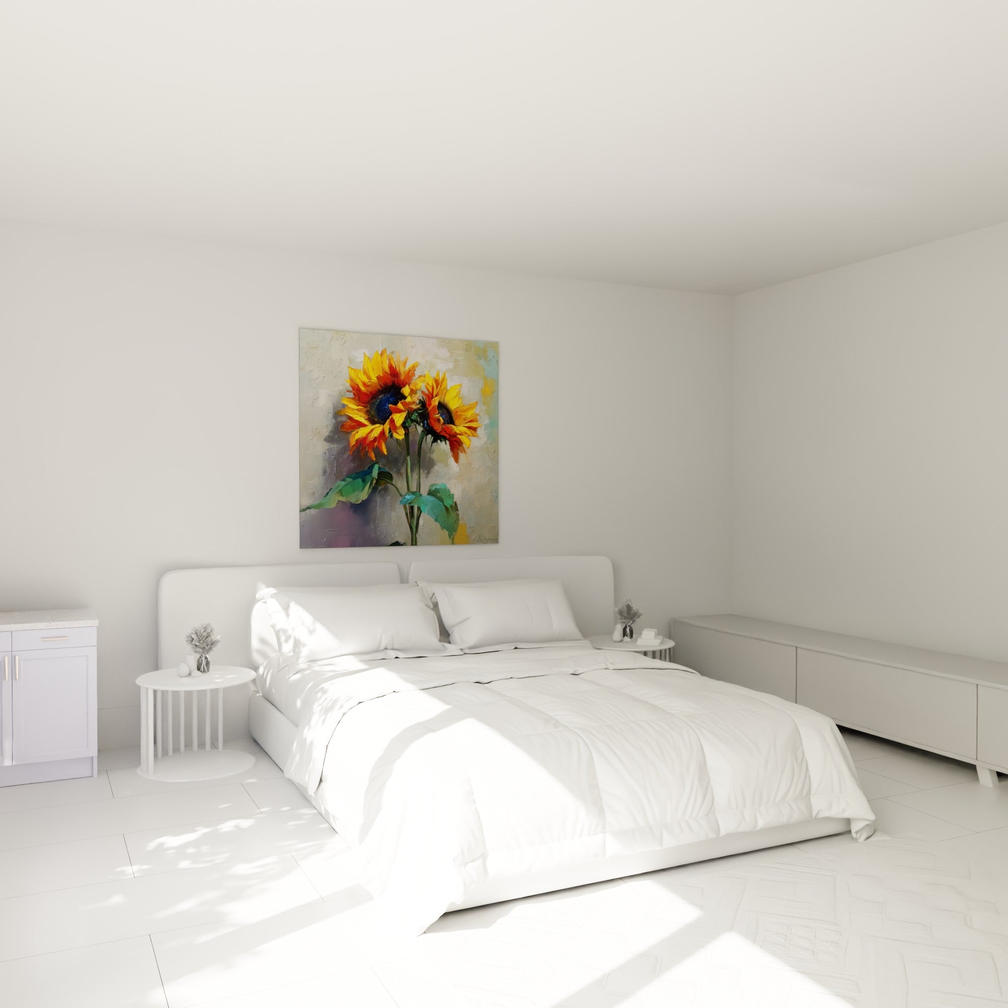Bouquet de tournesols dorés et verts émeraude accroché au-dessus d'un lit dans une chambre claire