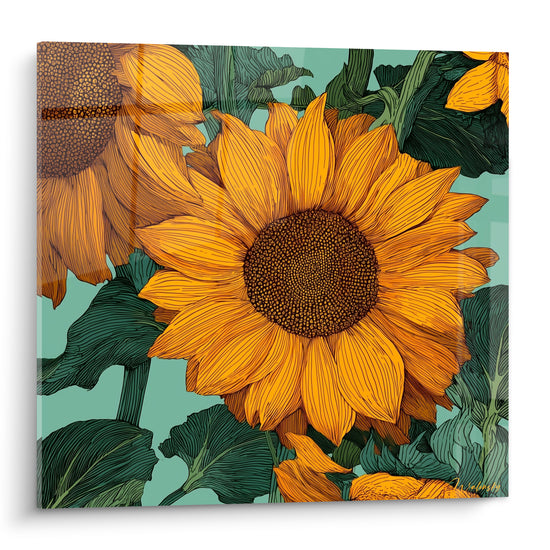 Tournesol doré aux pétales striés et cœur brun texturé sur fond vert d'eau illustré