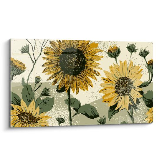 Tournesols dorés et vert olive déployés en pleine floraison sur fond crème illustré