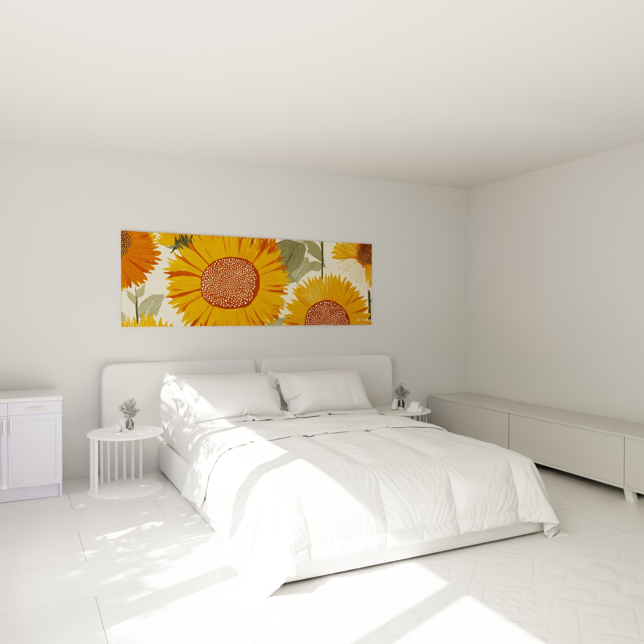 Fleurs de tournesol dorées et brunes illustrées, accrochées au-dessus d'un lit dans une chambre claire