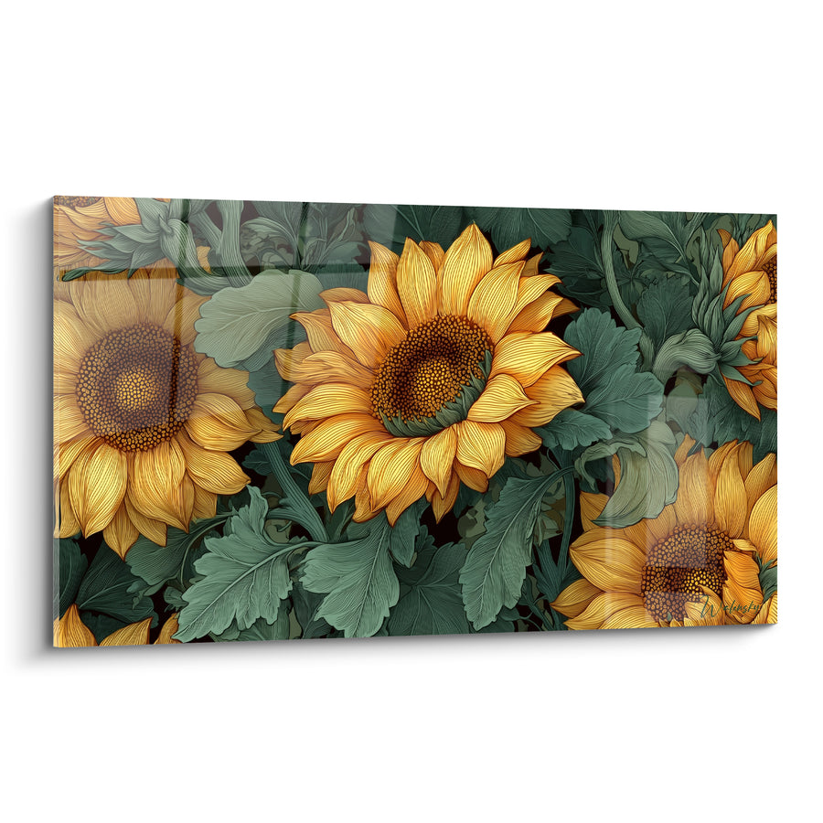Tableau Tournesols jaunes et verts aux pétales striés - Feuillage dentelé serré - Edition Tournesol