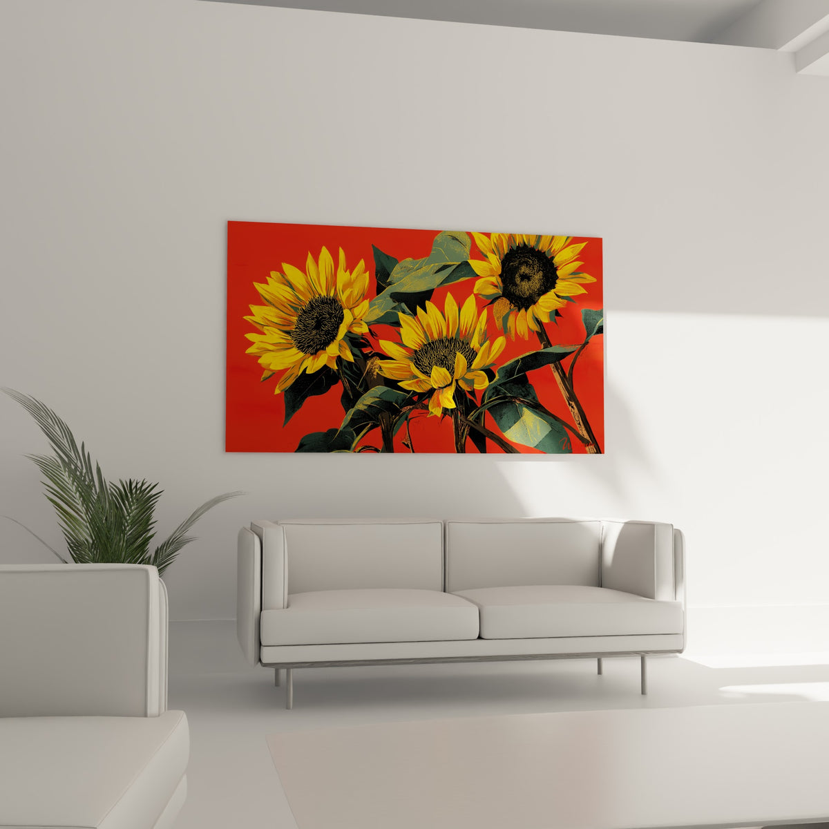 Trois tournesols jaunes et feuilles vert olive sur fond écarlate au-dessus d'un canapé dans un salon lumineux