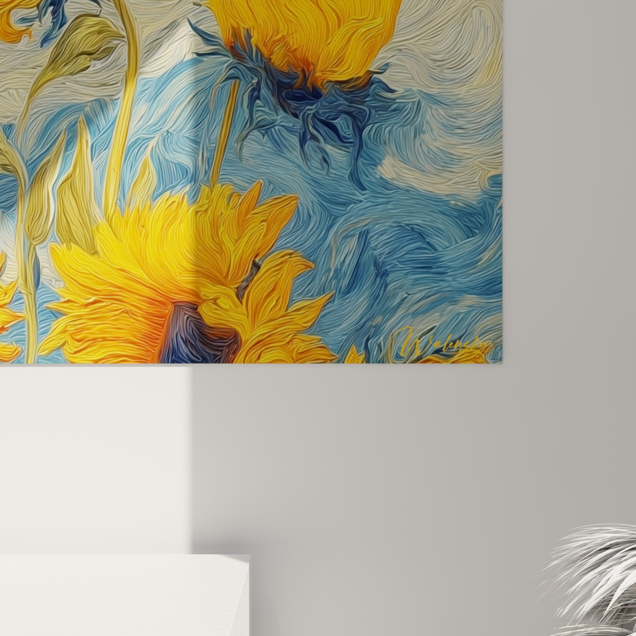 Empâtements épais du bleu tourbillonnant et du jaune doré révélant la matière picturale des pétales de tournesol