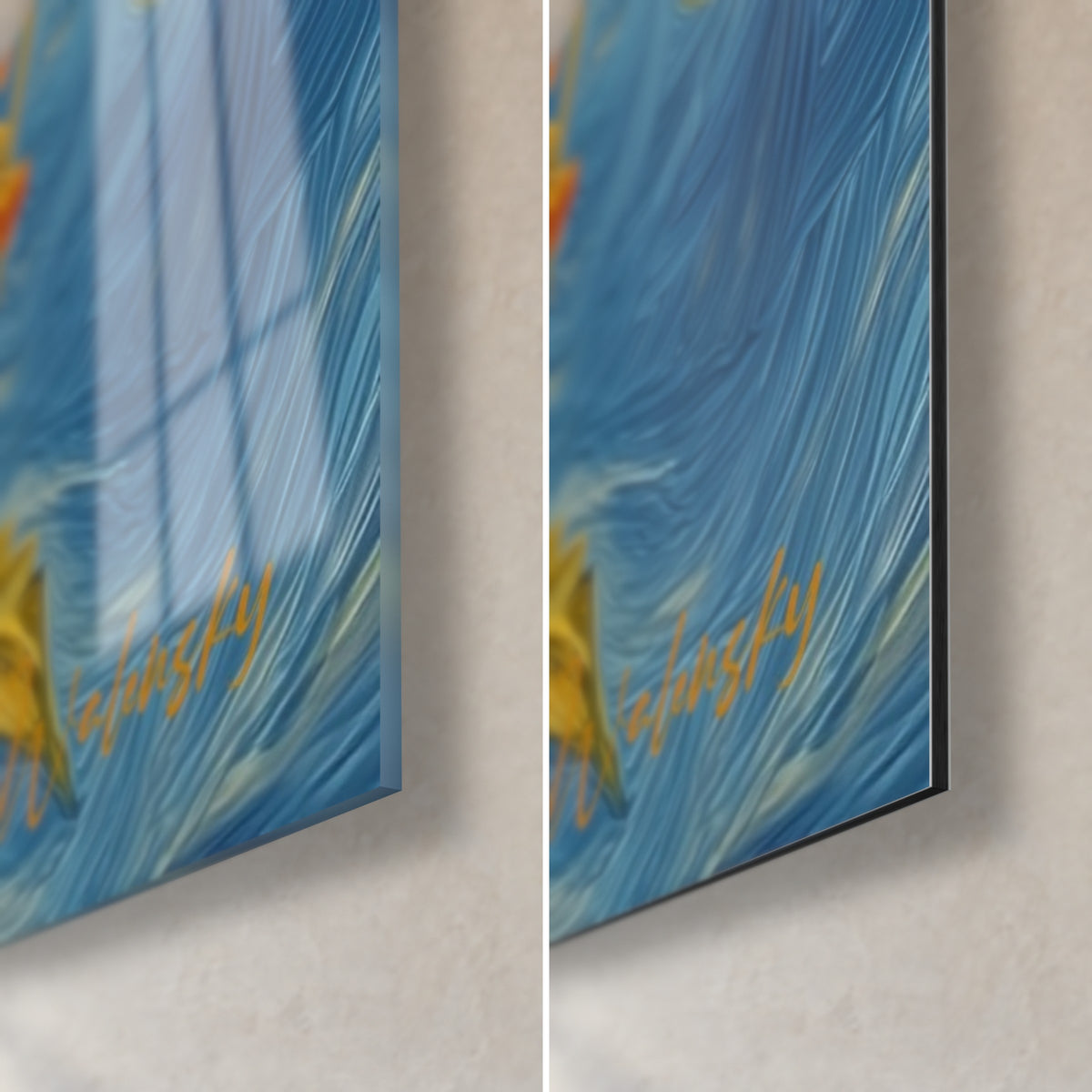 Cuadro de girasoles dorados, esquina inferior derecha: cristal azul brillante que refleja la luz, aluminio Dibond negro mate, canto de 3 mm