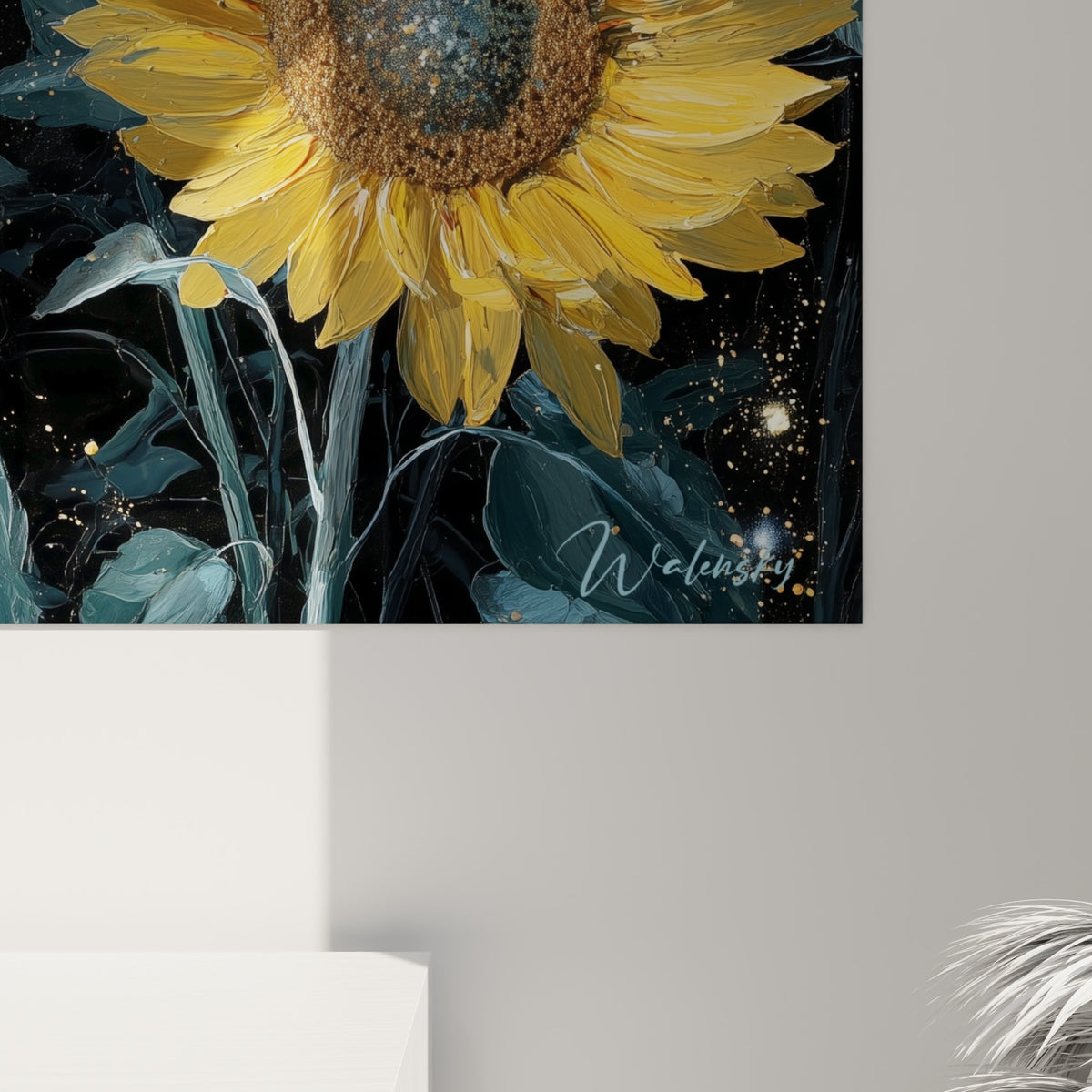 Empâtements dorés et éclats lumineux du cœur brun d'un tournesol peint à l'huile
