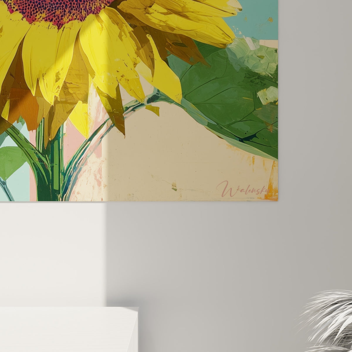 Empâtements jaune et brun du tournesol, grain visible entre le turquoise et l'orange du fond