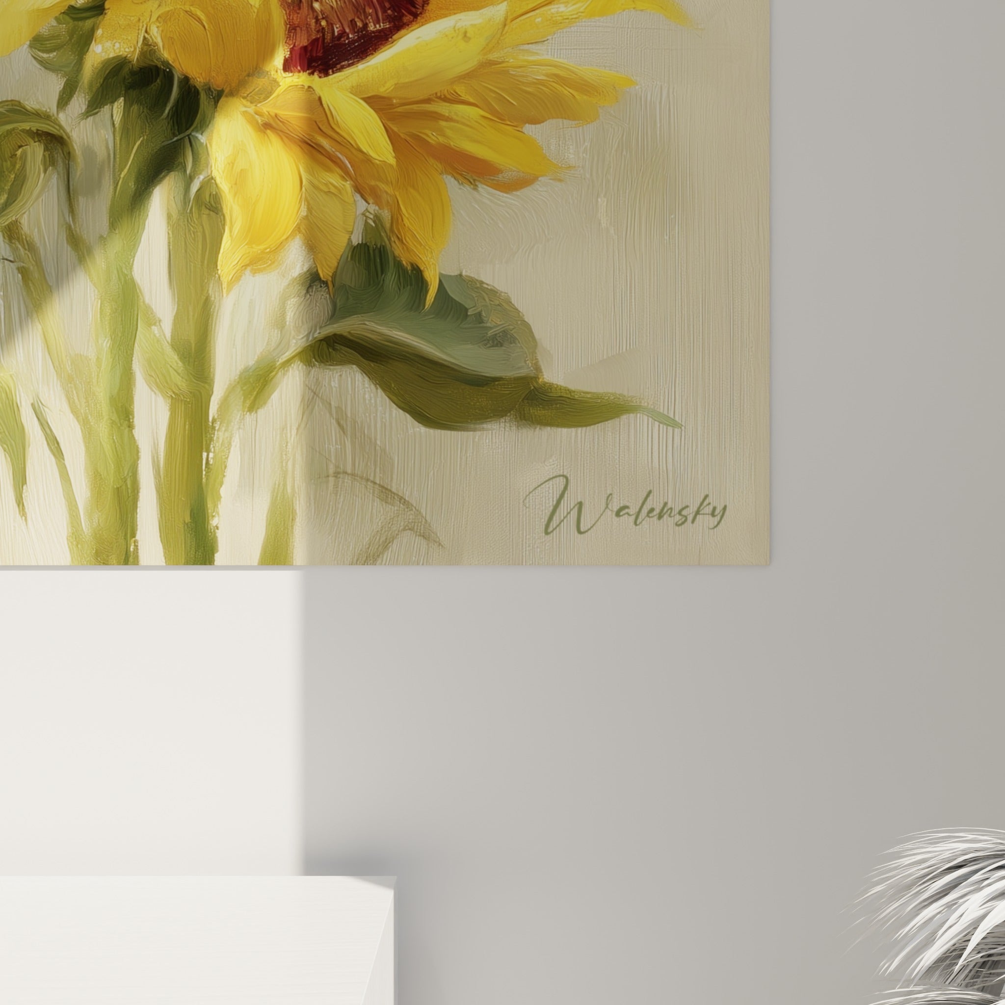 Empâtements de peinture jaune moutarde et brun rougeâtre visibles sur les pétales de tournesol