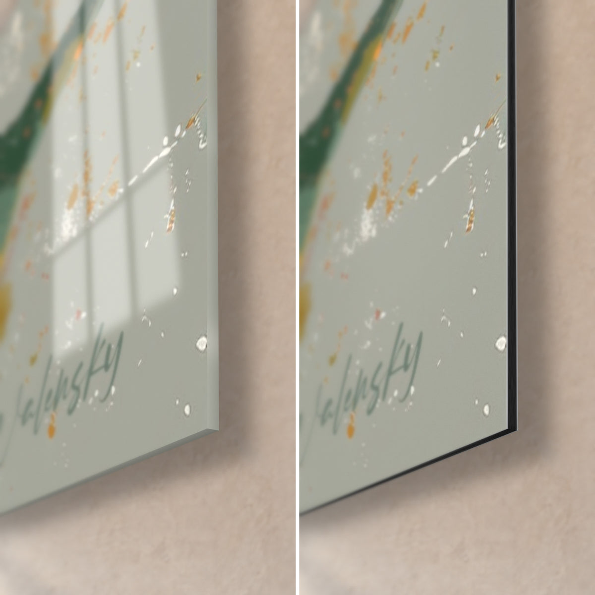 Wall art yellow sunflower, bottom right corner: glossy acrylic glass on the left, matte black Dibond aluminium on the right, 3 mm edge