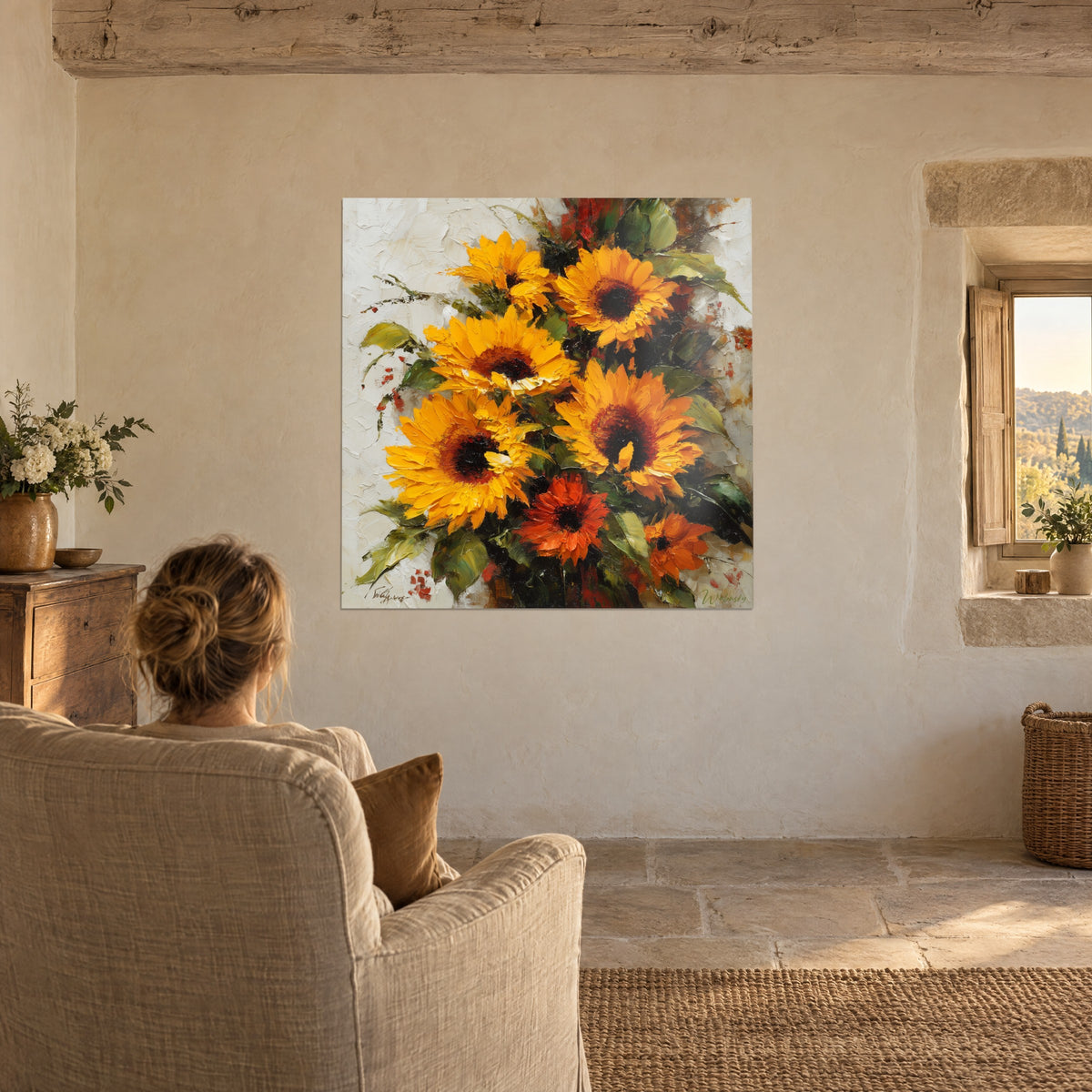 Cuadro girasoles radiantes amarillo miel y naranja quemado, salpicaduras rojas, visto desde un sillón junto a una ventana de piedra