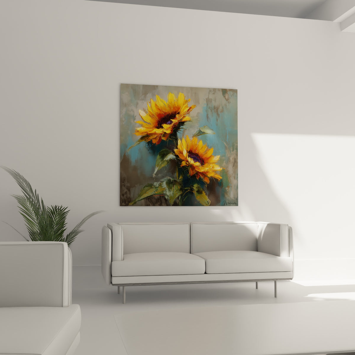 Fleurs de tournesol dorées à cœur violet foncé au-dessus d'un canapé dans un salon lumineux