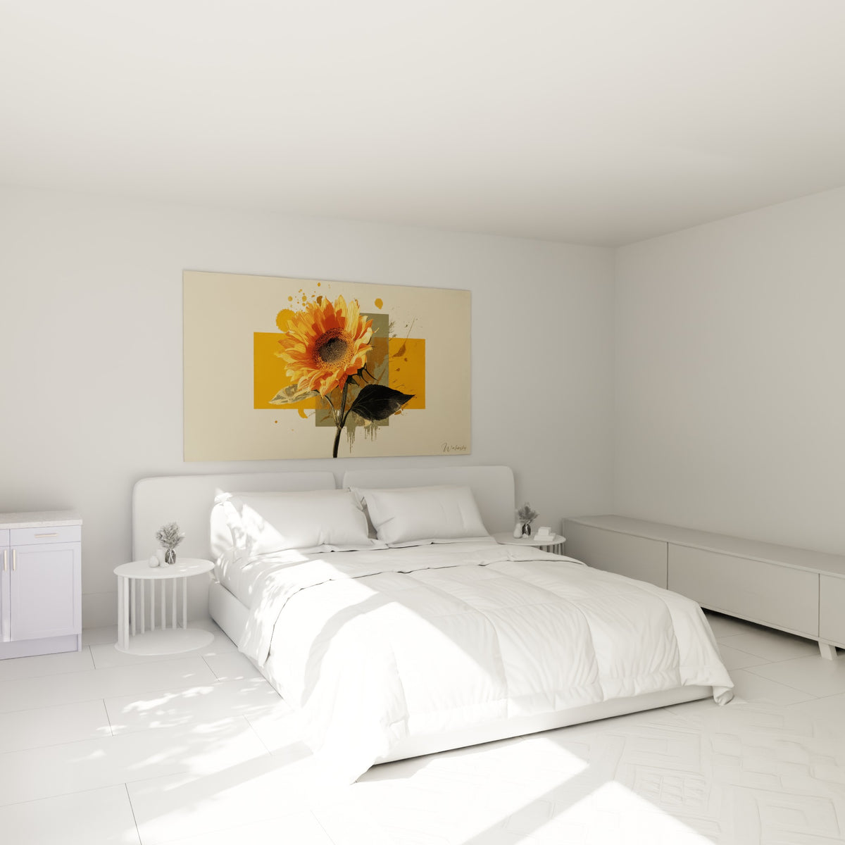 Fleur de tournesol fauve et ocre aux éclats orangés, au-dessus d'un lit dans une chambre claire