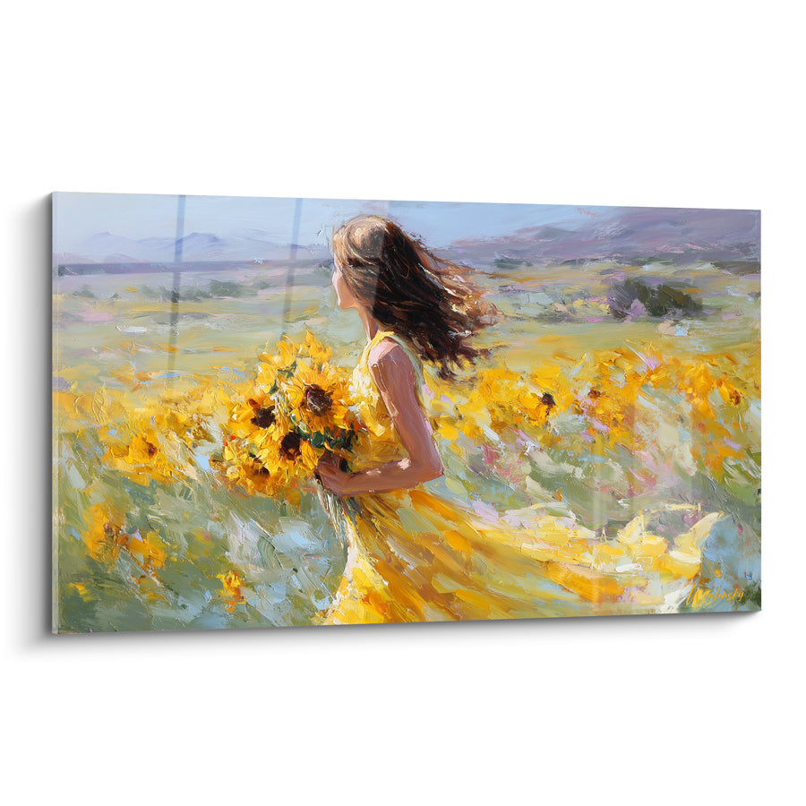 Tableau Femme jaune et vert cheveux au vent - Montagnes violettes lointaines - Edition Tournesol