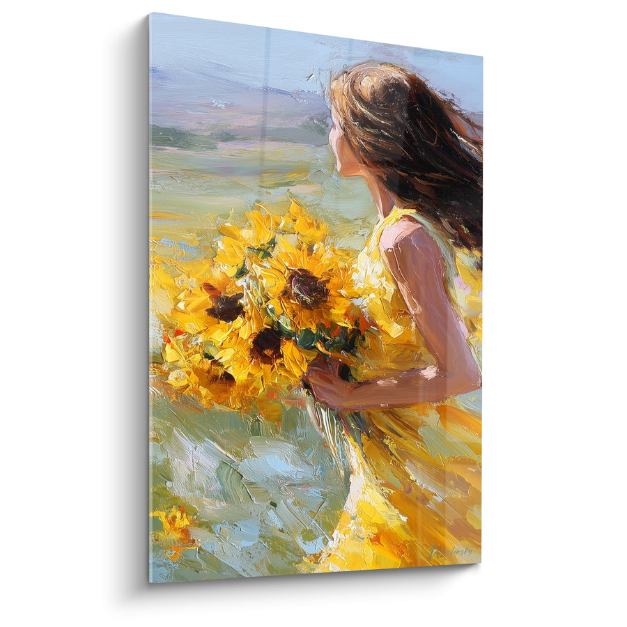 Tableau Femme brune robe jaune bouquet serré contre elle - Cheveux au vent - Edition Tournesol