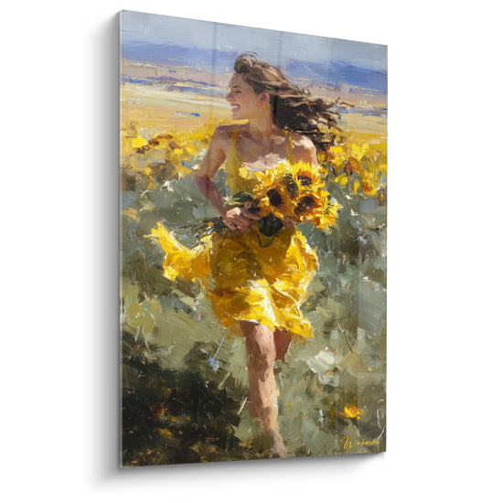 Tableau Femme robe jaune bouquet tournesols - Course dans le champ - Edition Tournesol