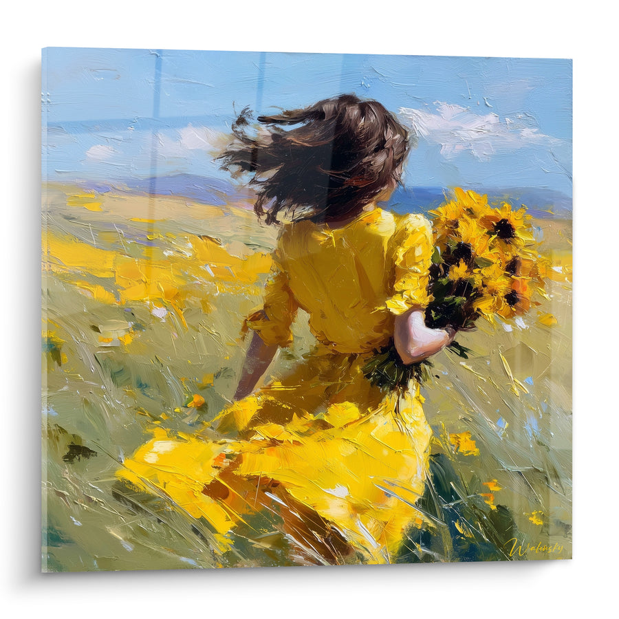 Tableau Femme robe jaune champ doré - Course dans le vent - Edition Tournesol