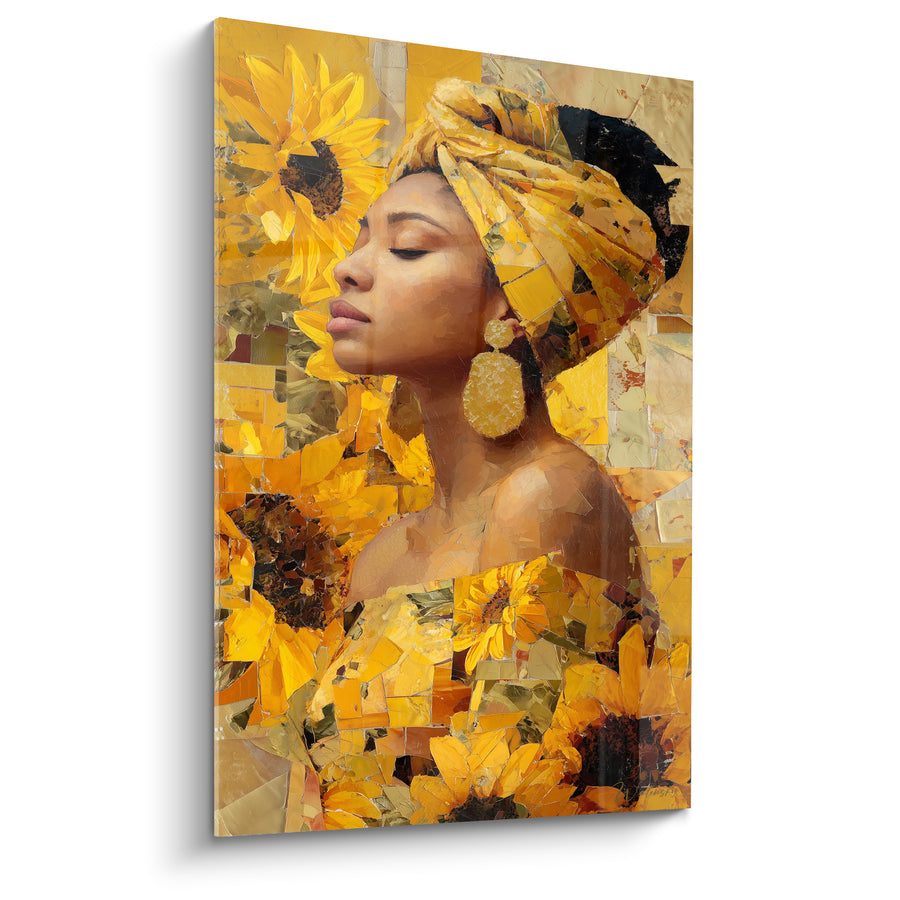 Tableau Femme au turban doré parmi les tournesols - Sérénité solaire - Edition Tournesol