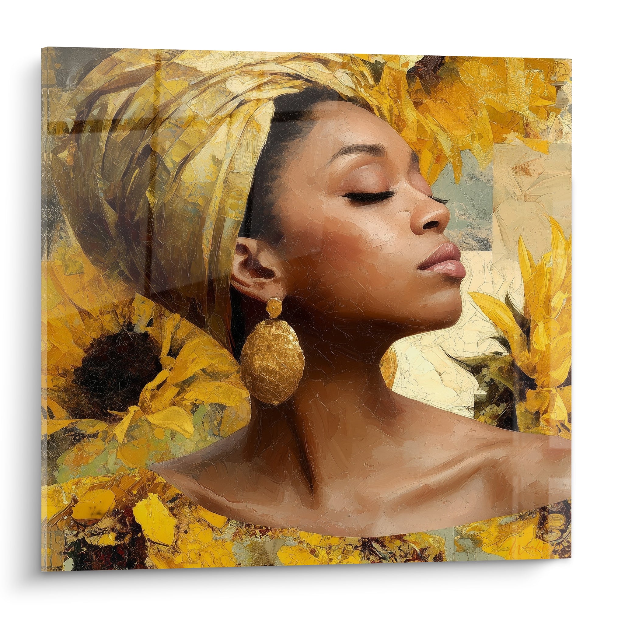 Femme au turban jaune et boucle dorée entourée de tournesols éclatants aux tons ocre