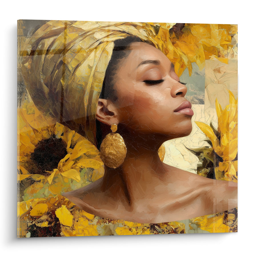 Tableau Femme au turban jaune et boucle dorée - Sérénité dorée - Edition Tournesol