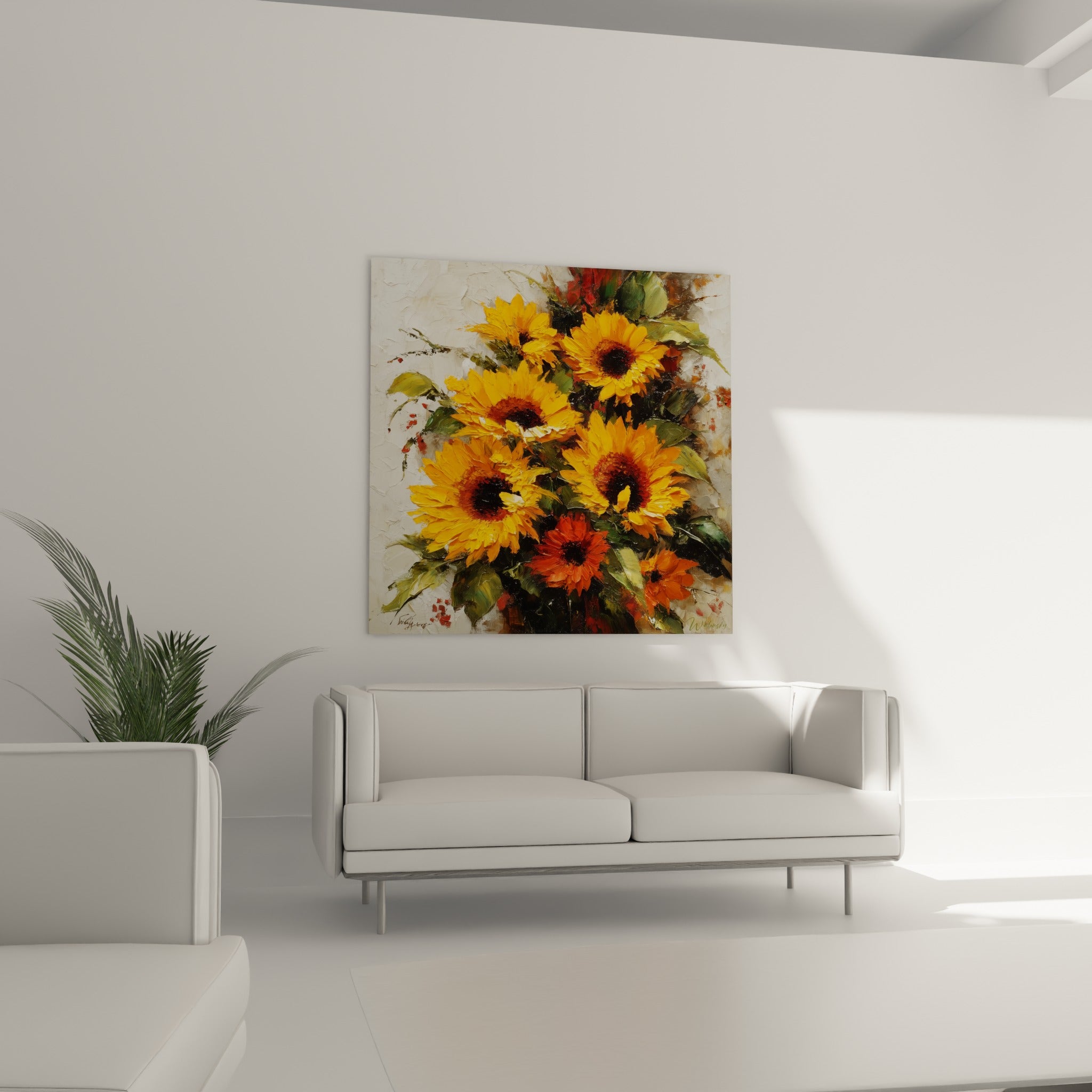 Fleurs de tournesol jaune vif et feuillage olive suspendues au-dessus d'un canapé dans un salon lumineux