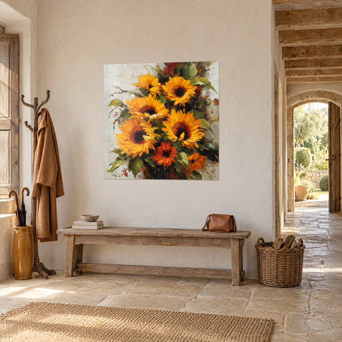 Cuadro brazada de flores solares de pétalos naranjas empastados, fondo crema agrietado, sobre un muro de piedra junto a un arco