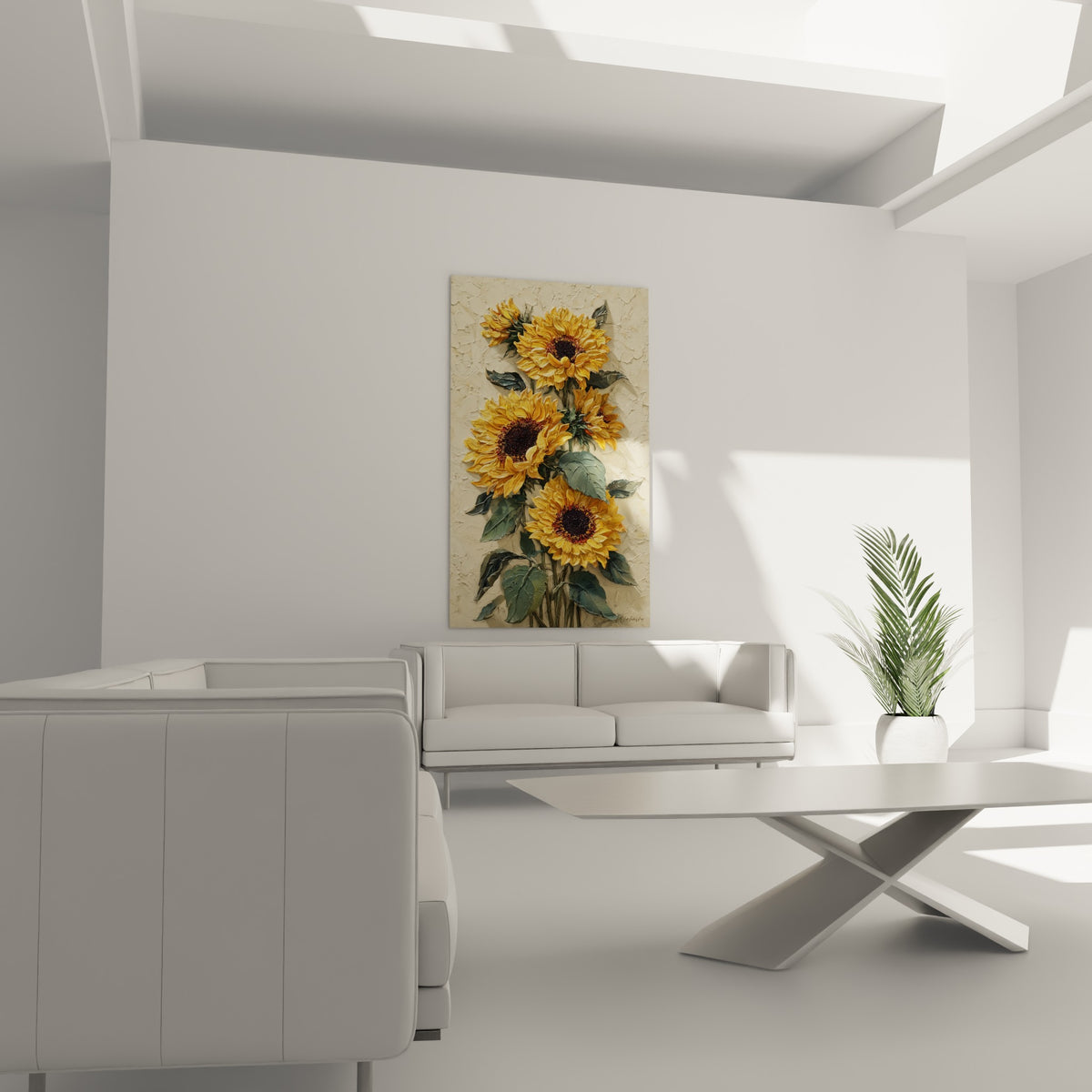 Pétales de tournesols dorés et feuillage vert sauge disposés au-dessus d'un canapé dans un salon lumineux