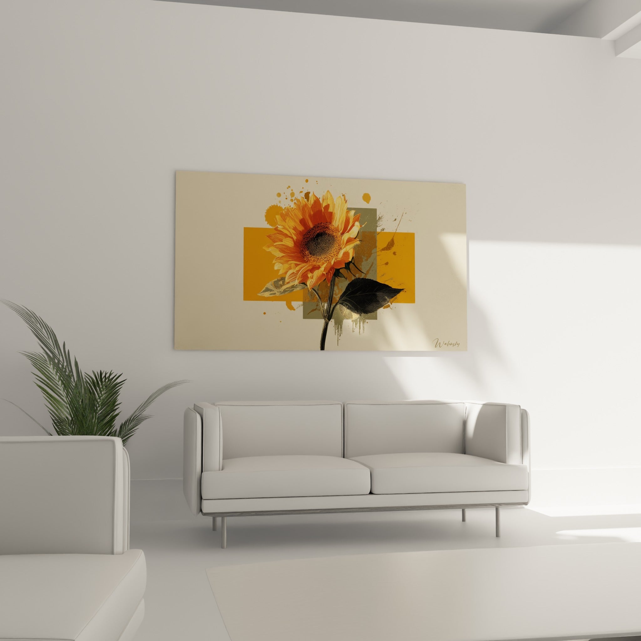 Pétales orange et cœur brun du tournesol, feuille anthracite en contraste, au-dessus d'un canapé dans un salon lumineux