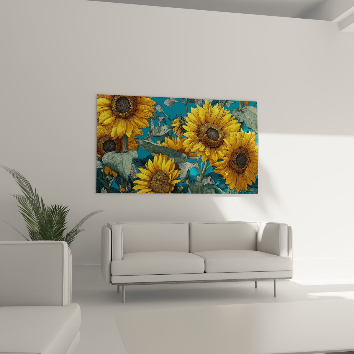 Fleurs de tournesol dorées et feuilles vert amande disposées au-dessus d'un canapé dans un salon lumineux